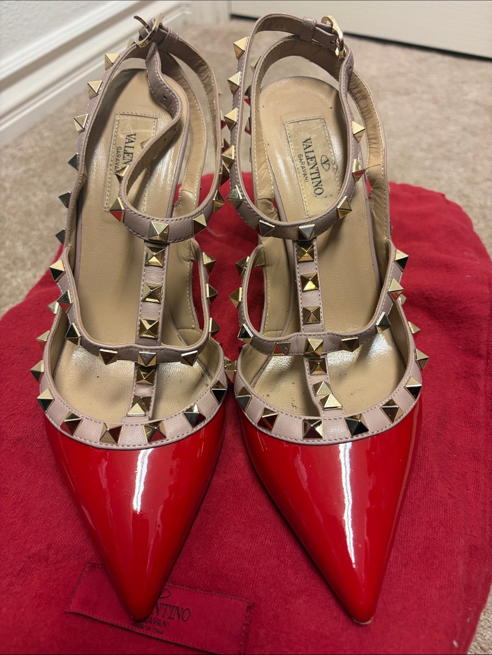 Valentino Rockstud Pointed-Toe T-Strap Pumps in Red and Beige